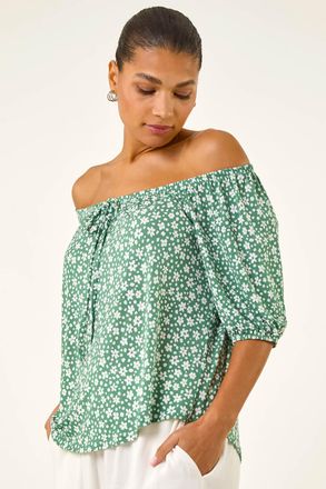 Roman Floral Puff Print Bardot Top