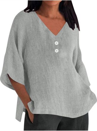 Generic Linen Blouse Womens Oversize White Blouses Womens 3/4 Sleeve for Elegant Trousers Tunic Blouse Light and Airy Summer Blouse Linen Muslin Blouse Beach 