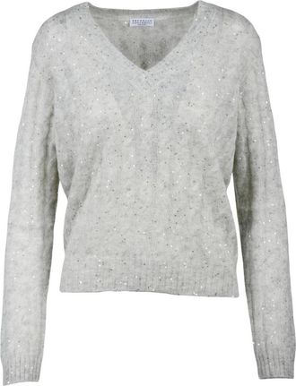 Brunello Cucinelli V-hals Trui met Strass - Dames - V-hals truien - Grijs - M - Katoen - Truien & Vesten