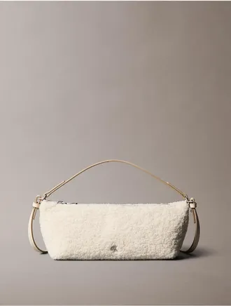 Calvin Klein Womens Monogram Hardware Sherpa Elongated Shoulder Bag - White