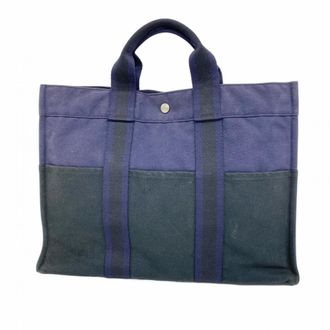 Herm&egrave;s Black Navy Canvas Tote Bag (Pre-Owned)
