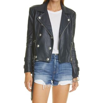 L'agence Billie Belted Leather Moto Jacket in Midnight at Nordstrom Rack, Size Small
