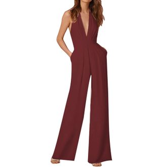 Generic Womens Banquet Dress Sexy Hanging Neck Long Pants Jumpsuit Body Suit Tops Long Sleeve (Watermelon Red, S)