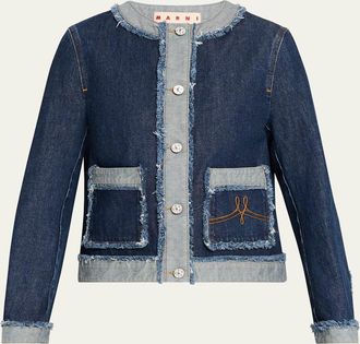 Marni Inside-Out Fringed Trim Denim Collarless Jacket