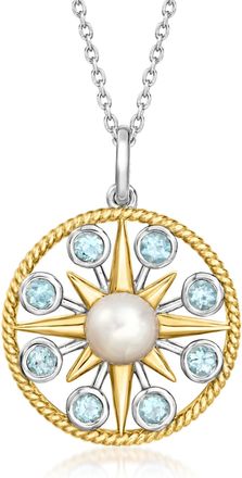 Ross-Simons 6-6.5mm Cultured Pearl and. Sky Blue Topaz Sun Pendant Necklace in Sterling Silver and 18kt Gold Over Sterling