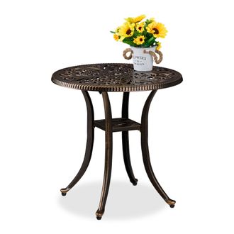 Relaxdays Relaxdays Mesa Jard&iacute;n Exterior, Mesita Redonda Antigua, Resistente, Aluminio Fundido, 53 X 53 Cm, Balc&oacute;n, Negro/bronce