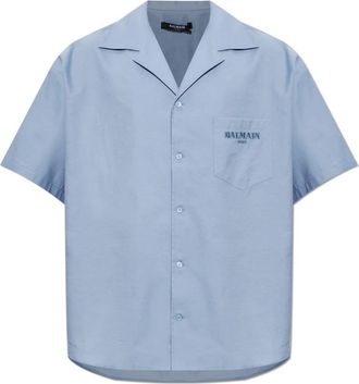 Balmain Shirt met logo - Heren - Korte mouwen Overhemden - Blauw - 2XL - Katoen - Overhemden