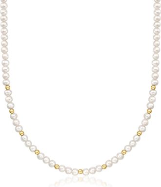 RS Pure by Ross-Simons 4-5mm Cultured Pearl and 3mm 14kt Yellow Gold Bead Necklace