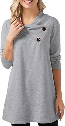 Generic Jumper Dress for Women Causal Loose Crew Neck Dress for Women UK Ladies Button Detail Work Office Autumn Winter Knee LengthVintage Comfortable Tunic C