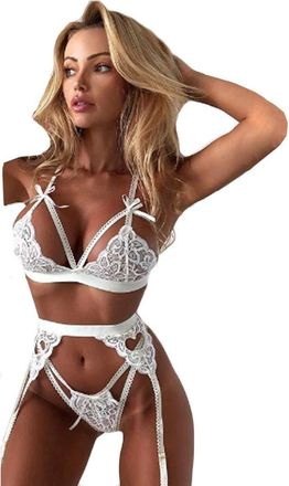 Generic Bra Set Panties Lingerie Garter Women Sexy Lace G-string Underwear Sleepwear Lap Dance Outfit White