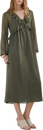 Mango Ruffle Trim Long Sleeve Maxi Dress in Khaki Green at Nordstrom, Size 4