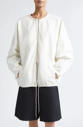 Nellie Partow Bond Drawstring Cotton Canvas Bomber Jacket in Ivory at Nordstrom, Size 8