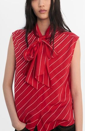 Mango Stripe Tie Neck Top in Red at Nordstrom, Size 4