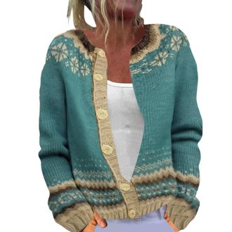 Generic Cardigans for Women UK Vintage Fair Isle Sweaters Lightweight Open Front Cardigan Casual Long Sleeve Button Down Sweaters Ladies Loose Comfy Coat Autu