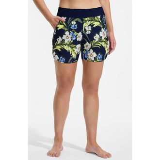Lands End 5 Quick Dry Elastic Waist Board Shorts Swim Cover-up Shorts with Panty in Deep Sea/blue Floral Tropic at Nordstrom, Size 26W