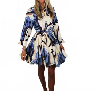 THML Clothing Abstract Pattern Mini Dress In Blue/ Cream