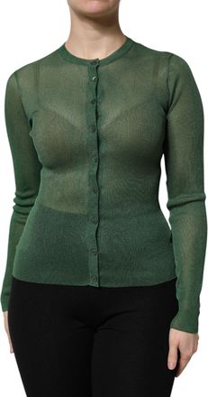 Dolce & Gabbana Womens Metallic Knit Button Cardigan - Dark Green