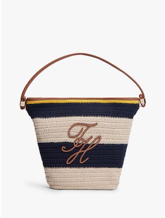 Tommy Hilfiger Womens Nautical Striped Crochet Bucket Bag - Navy/Neutral