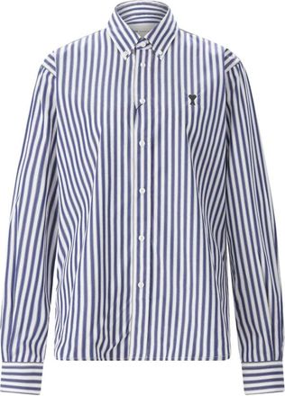 Ami Gestreepte Katoenen Overhemd - Heren - Casual Overhemden - Blauw - XL - Katoen - Overhemden