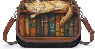 Generic Sleeping Cat Bookshelf Owl Womens Crossbody Bag Fashion Shoulder Handbags Message Tote Bag with Adjustable Strap