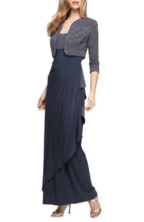 Alex Evenings Draped Column Gown with Bolero Jacket in Smoke at Nordstrom Rack, Size 10P