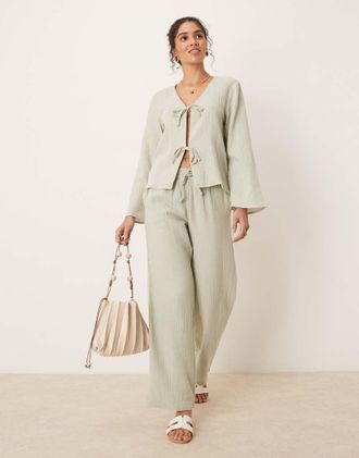 Jacqueline de Yong wide leg cheesecloth pants in sage - part of a set-Green