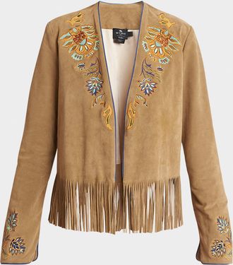 Etro Embroidered Suede Fringe Open Jacket
