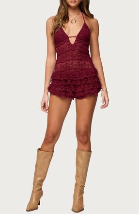 Edikted Lanney Ruffle Sheer Lace Halter Romper in Burgundy at Nordstrom, Size X-Large