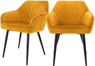 ML Design Ml-design - Set 2x Sillas De Comedor Color Ocre Estilo Moderno Asiento Tapizado Aspecto De Terciopelo Patas De Metal Negras Con Respaldo Y Apoyabrazos