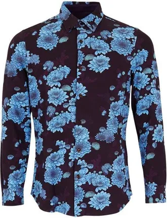 Lords of Harlech Sawyer Knit Button-Up Shirt in Serious Floral Plum at Nordstrom, Size Xx-Large
