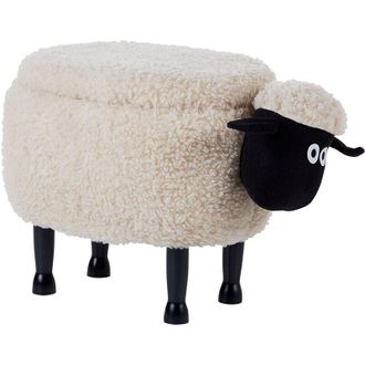 Beliani Reposapi&eacute;s Infantil Con Forma De Animal Oveja Puf De Pelo Sint&eacute;tico Con Almacenaje Patas De Madera Beige Claro Sheep