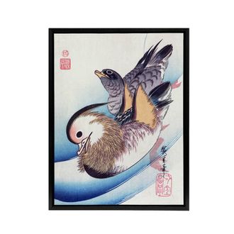 Artery8 Two Mandarin Ducks in a Lake Framed Canvas Wall Art Print Hiroshige in Blue | Size: W24 x H32