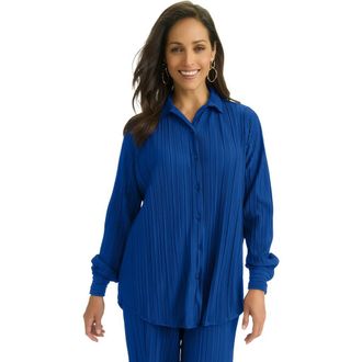 Jessica London Plisse Button-Front Blouse in Dark Sapphire at Nordstrom, Size 12