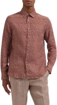 Bugatchi Julian Shaped Fit Floral Linen Button-Up Shirt in Sienna at Nordstrom, Size Xx-Large