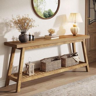 Tribesigns Tribesigns Console Table Slim, 2 Tier Long Hallway table with Storage for Living Room, Hallway, Bedroom, Sturdy, Light Brown