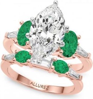 Allurez Marquise Lab Grown Diamond & Oval Emerald Bridal Set 18K Rose Gold (4.65ct)