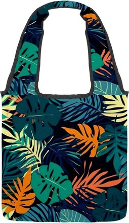 Generic Tropical Leaves Pattern Reversible Canvas Shoulder Tote - Double-Sided Print, 12oz Cotton, 27cm Drop, Fold-Flat Bag for Travel, Shopping, Street Outin