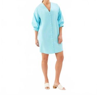 Karen Kane Lantern Sleeve Pearl Button-Front Dress In Aqua