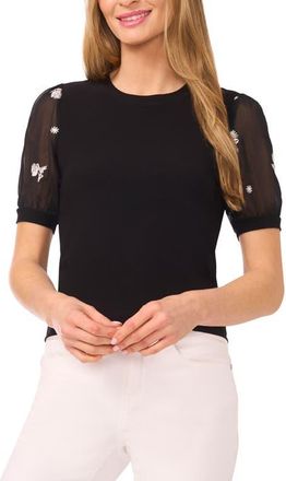 CeCe by Cynthia Steffe Puff Sleeve Mixed Media Top in Rich Black at Nordstrom, Size X-Small
