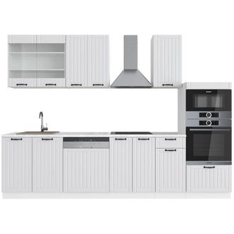 Vicco Mueble De Cocina Fame-line, Casa De Campo Blanca/blanca, 300 Cm Con Armario Alto, Et M&aacute;rmol, Vicco