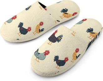 Generic Roosters Chicken Warm Mens Slippers Slip On Soft Fleece House Shoes Winter Indoor Outdoor