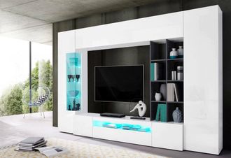 Dmora Mueble De Sal&oacute;n, Made In Italy, Con Luz Led Azul, Base De Soporte Para Tv Y Muebles Altos Y Estantes, 290x40h192 Cm, Color Blanco Brillo Y Gris Ceniza
