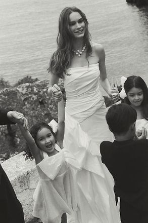 Watters Monroe Strapless Ruffled Column Wedding Gown