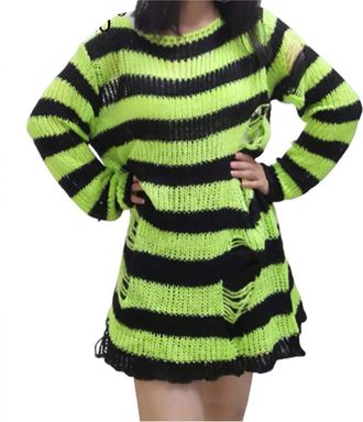 Generic Gothic Knitted Jumper Oversized Pullover Womens Loose Fitting Knit Sweatshirt Long Sleeve Wide Stripes Printing Ripped Crewneck Sweatshirts Y2K Sweate