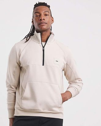 HUGO BOSS Rib Logo 1/2 Zip Sweat in Beige