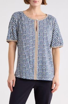 Max Studio Keyhole Elbow Sleeve Top in Natural/Blue Ikat Stamps at Nordstrom Rack, Size X-Large