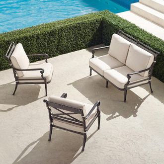 Frontgate Carlisle 3-pc. Loveseat Set with Limited Edition Cushions in Slate Aluminum - Rumor Snow with Mini Cabana Stripe Indigo Piping, Delia Leaf with Mini C