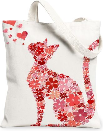 Generic Floral Cat Canvas Tote Bag, Heart Pattern Reusable Grocery Bags, Lightweight Washable Shoulder Strap Canvas Bags for Gym Ou, White, 13x15 Inch