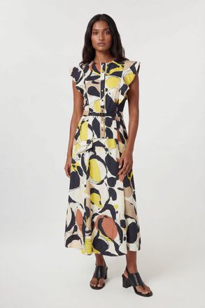 Karen Millen Womens Abstract Print Viscose Linen Woven Ruffle Sleeve Midi Dress - Multicolour - Size 10 UK
