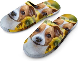 Generic Jack Russell Terrier Sunflower Flannel Mens Slip-on Slippers Winter Warm House Shoes with Rubber Sole for Home Hotel
